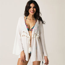 Load image into Gallery viewer, Girls Sexy Beach Cover Up Off White Bikini Dress Swimsuit Women Swimwear Cardigan Bathing Suit Ladies Tassel Beachwear Bandage