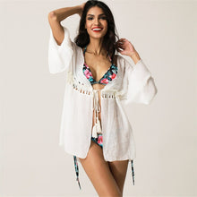 Load image into Gallery viewer, Girls Sexy Beach Cover Up Off White Bikini Dress Swimsuit Women Swimwear Cardigan Bathing Suit Ladies Tassel Beachwear Bandage